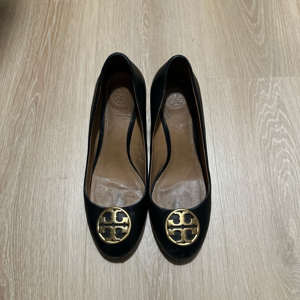 Tory Burch Black Flats with Gold Emblem